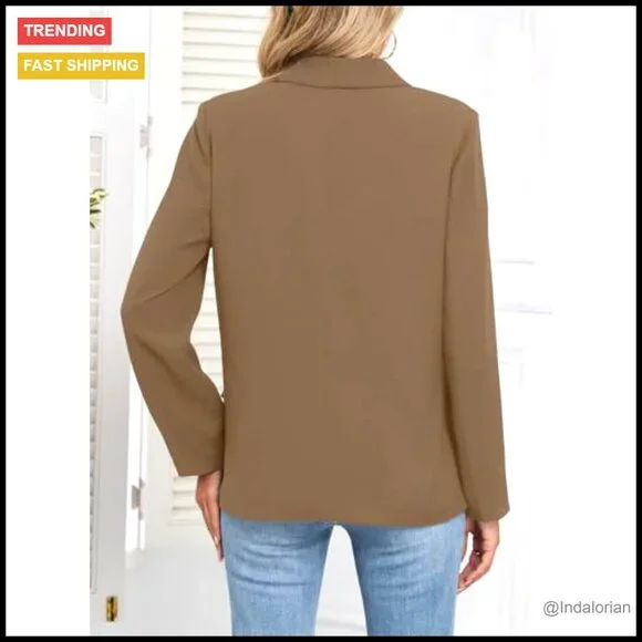 Long Sleeve Blazer Open Front Business Casual Slim Fit Polyester Classic